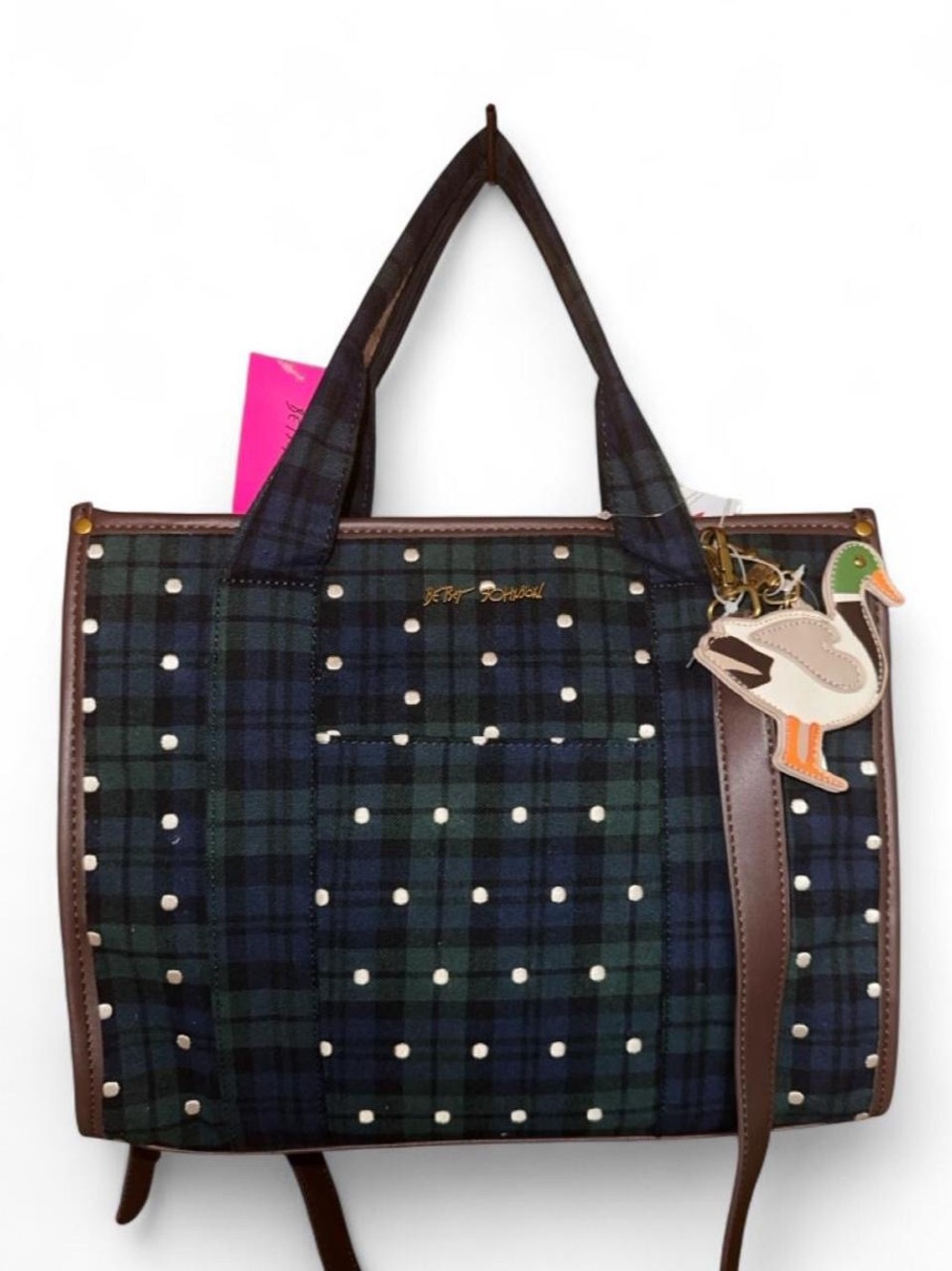 Betsey Johnson Navy and Dark Green Plaid Tote with Brown Trim and Duck Charm